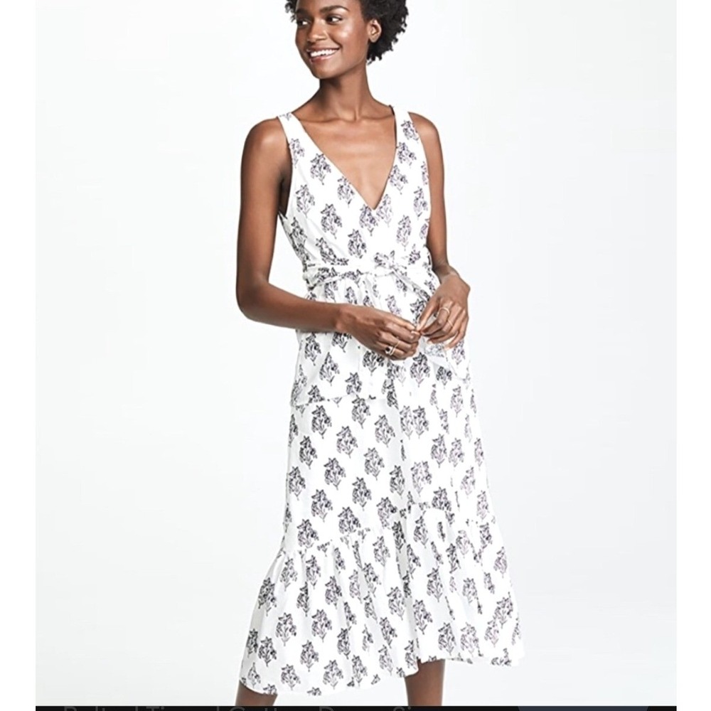 A.L.C. Womens 2 Midi Judd Dress White Floral Tiered Cotton V-Neck Sleeveless